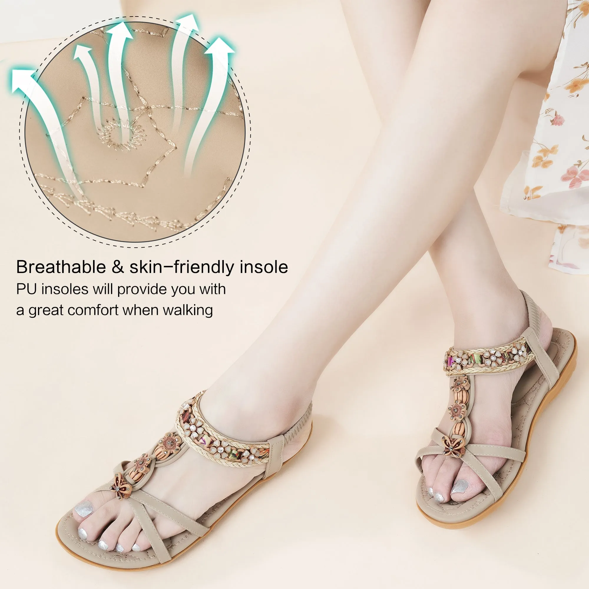Hrence Womens Flat Sandals String Beads Arch Support Summer Comfort Sandal