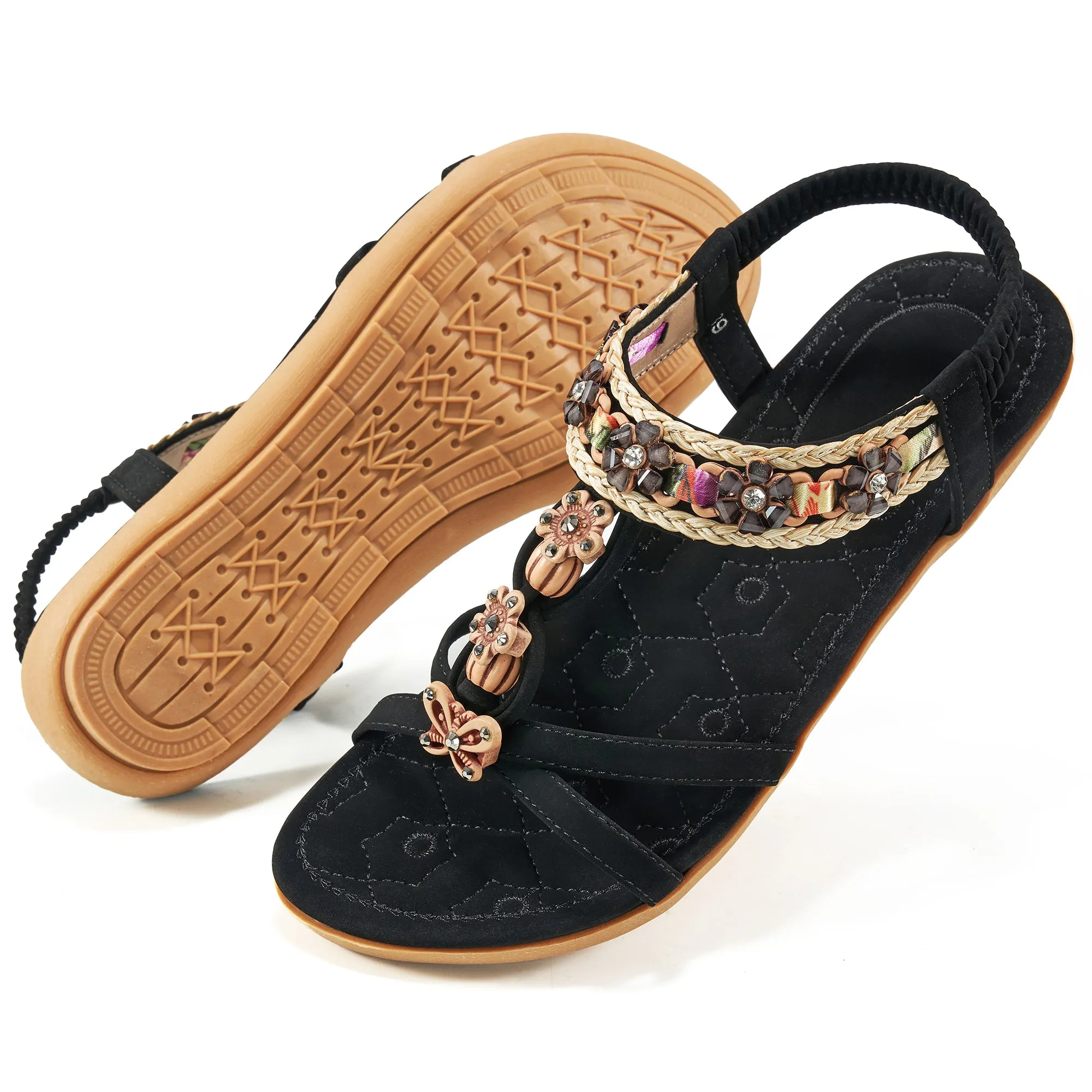 Hrence Womens Flat Sandals String Beads Arch Support Summer Comfort Sandal