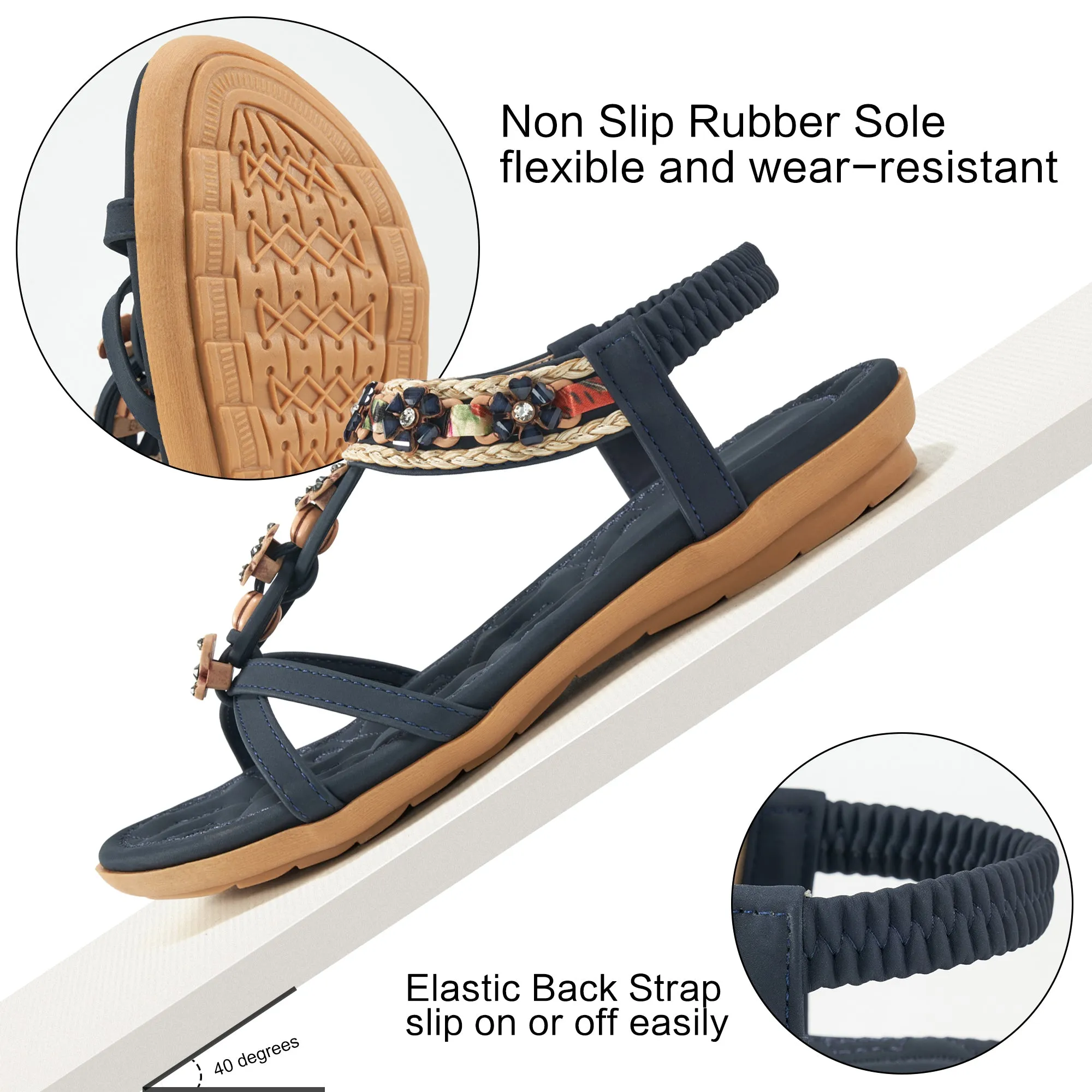 Hrence Womens Flat Sandals String Beads Arch Support Summer Comfort Sandal