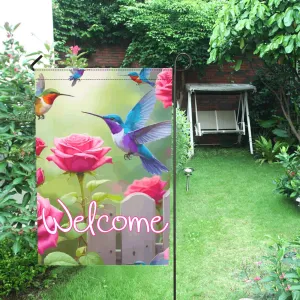 Hummingbirds with Pink Flowers Welcome Garden Flag - 12 x 18 inch (Made in USA)