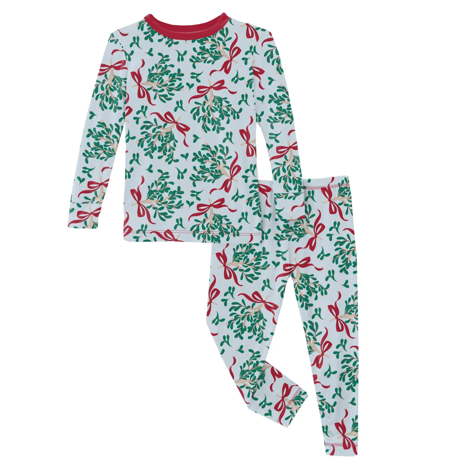 Illusion Blue Mistletoe & Ribbons Long Sleeve Pajama Set Kickee Pants  - Holiday