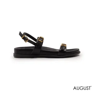 LEATHER BLACK FLAT SANDALS WITH GOLD BUCKLE