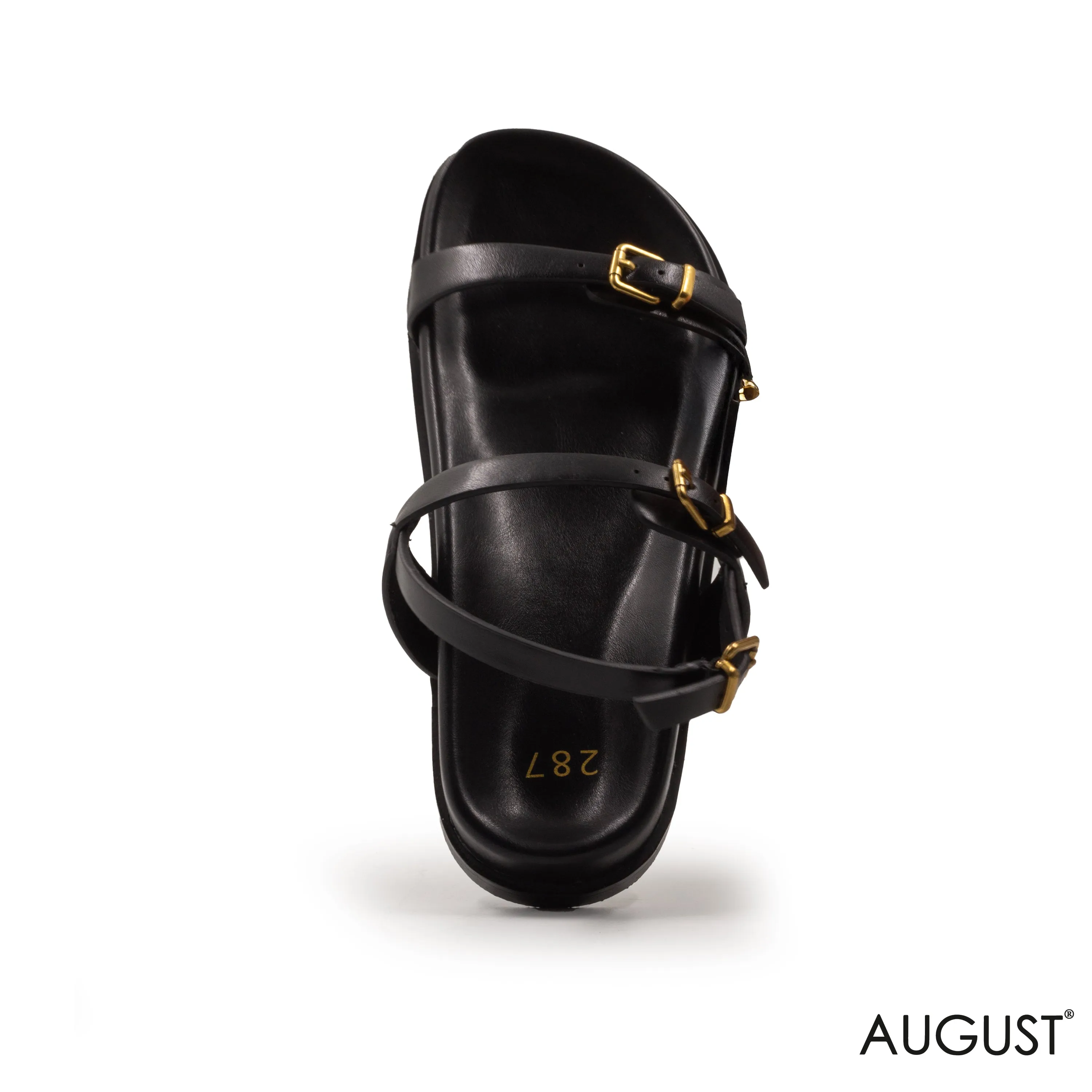 LEATHER BLACK FLAT SANDALS WITH GOLD BUCKLE