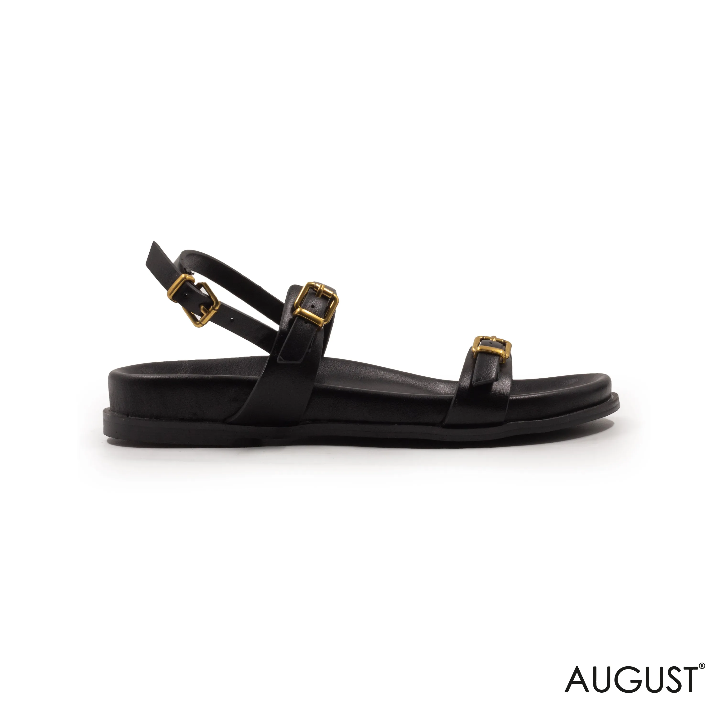 LEATHER BLACK FLAT SANDALS WITH GOLD BUCKLE
