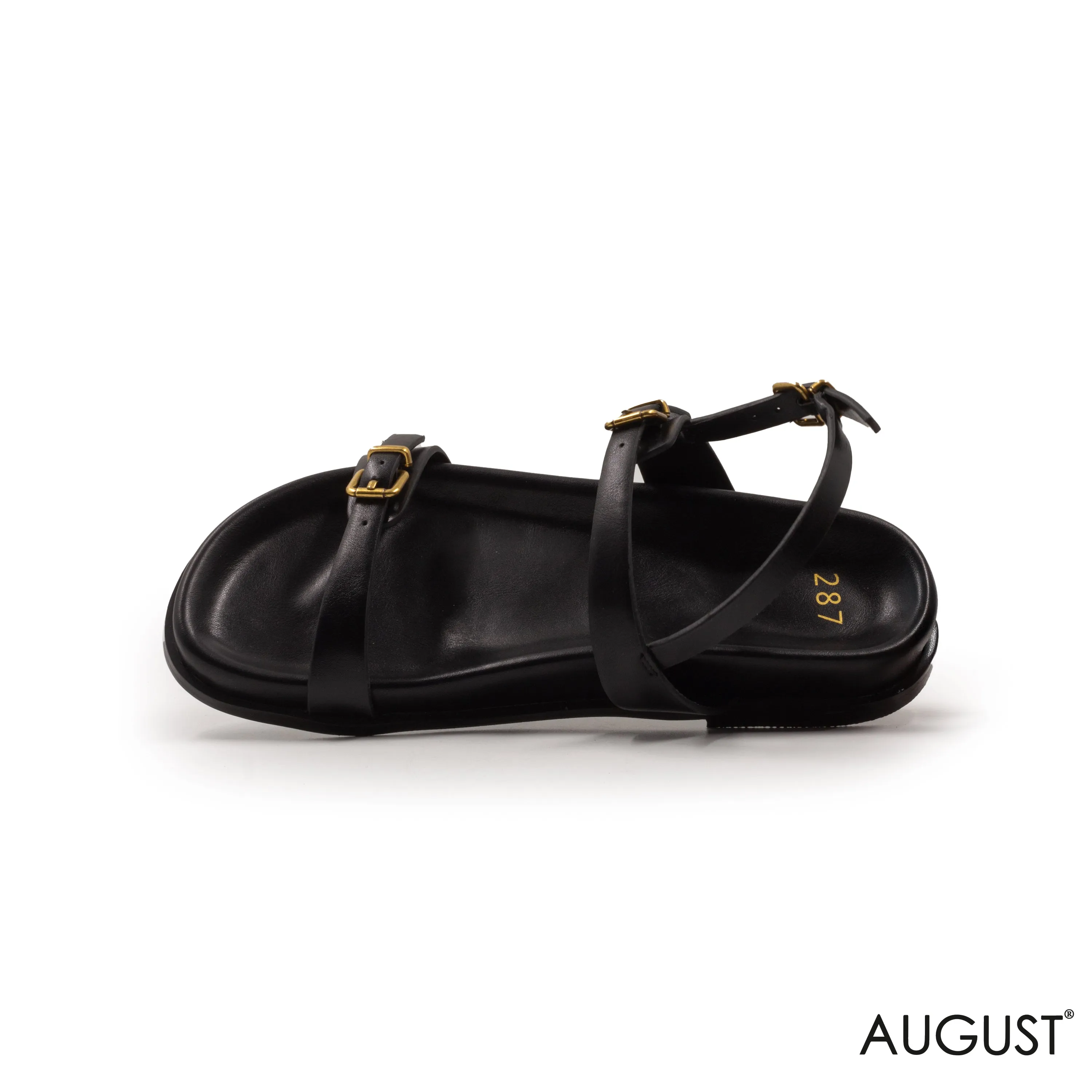 LEATHER BLACK FLAT SANDALS WITH GOLD BUCKLE