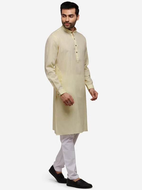 Light Yellow Self Textured Regular Fit Modi Kurta | JadeBlue