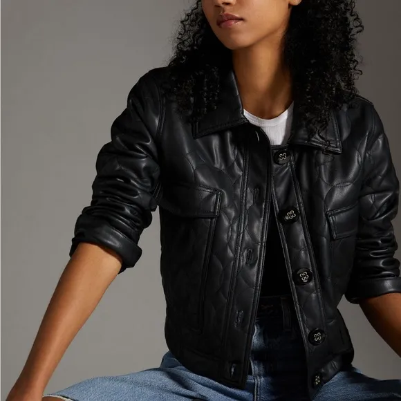 Maeve Anthropologie Sz 2 Black Quilted Button Faux Leather Cropped Jacket Coat