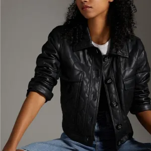 Maeve Anthropologie Sz 2 Black Quilted Button Faux Leather Cropped Jacket Coat