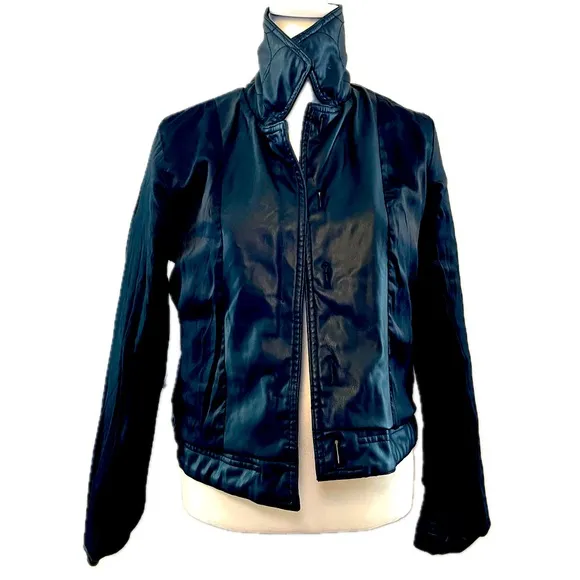 Maeve Anthropologie Sz 2 Black Quilted Button Faux Leather Cropped Jacket Coat