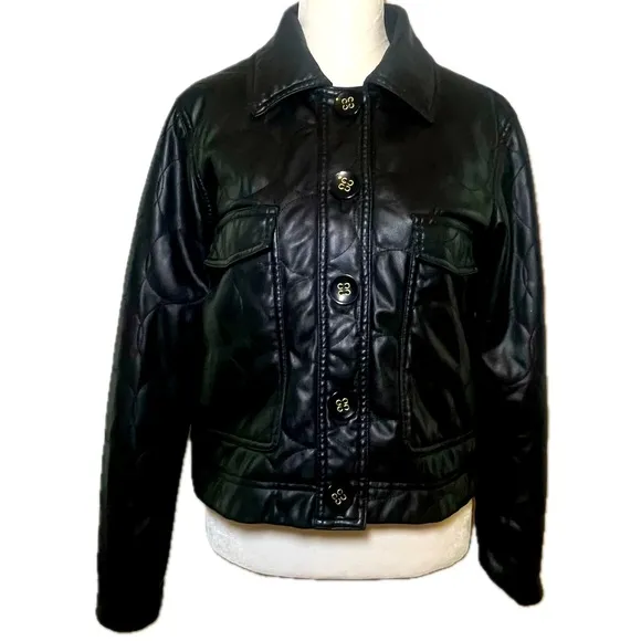 Maeve Anthropologie Sz 2 Black Quilted Button Faux Leather Cropped Jacket Coat