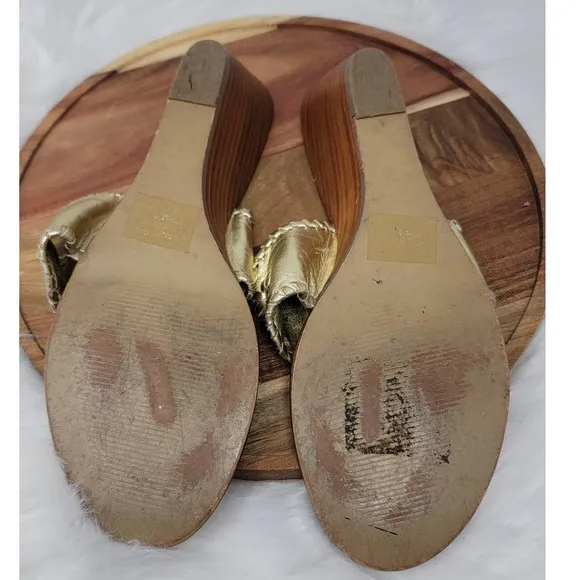 Mila Paolui Gold Leather Upper Floral Accent Wedge Heel Sandal 9.5M
