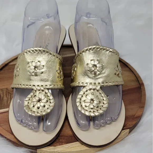 Mila Paolui Gold Leather Upper Floral Accent Wedge Heel Sandal 9.5M