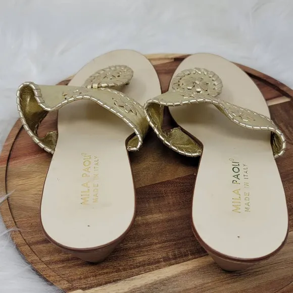 Mila Paolui Gold Leather Upper Floral Accent Wedge Heel Sandal 9.5M