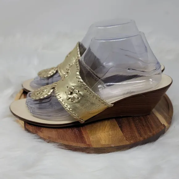Mila Paolui Gold Leather Upper Floral Accent Wedge Heel Sandal 9.5M