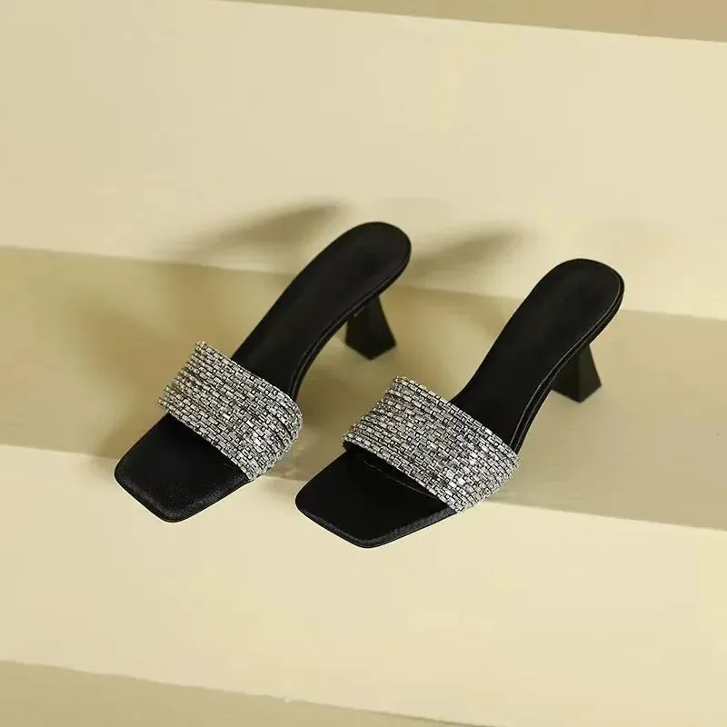 Modern Women's Heels Dress Slippers Women Square Toe High Heels Outdoor Women's Sandals
