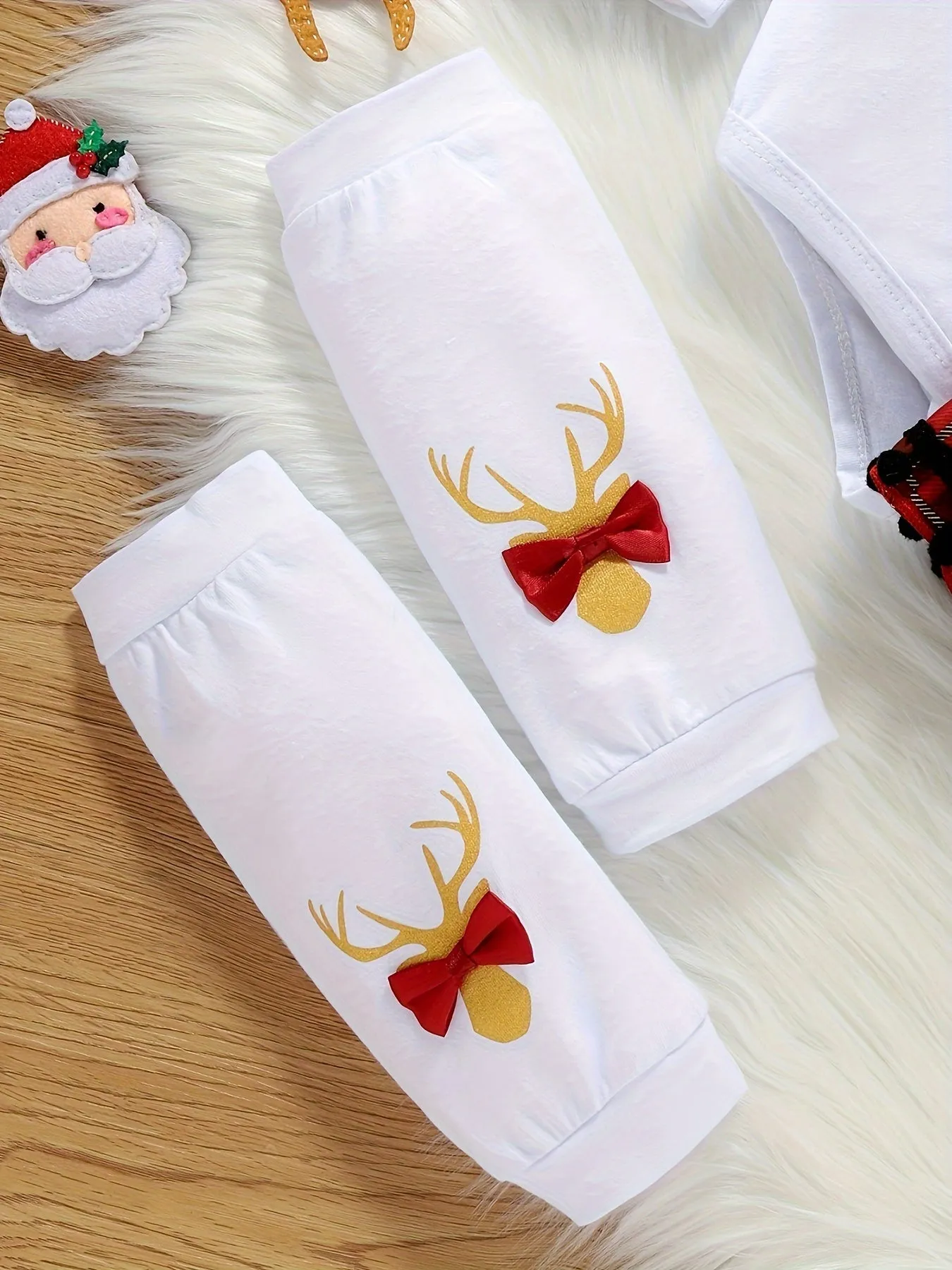 My First Christmas Baby Girl Outfits, Newborn Cartoon Deer & Letter Print Long Sleeve Ruffle Romper   Plaid Suspender Skirt   Leg Warmer 3pcs For 0-18 Months Babies, Outdoor Cloth