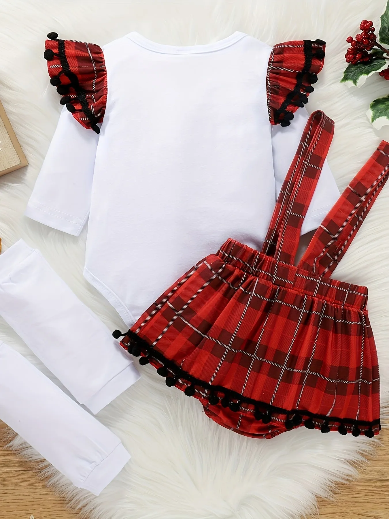 My First Christmas Baby Girl Outfits, Newborn Cartoon Deer & Letter Print Long Sleeve Ruffle Romper   Plaid Suspender Skirt   Leg Warmer 3pcs For 0-18 Months Babies, Outdoor Cloth