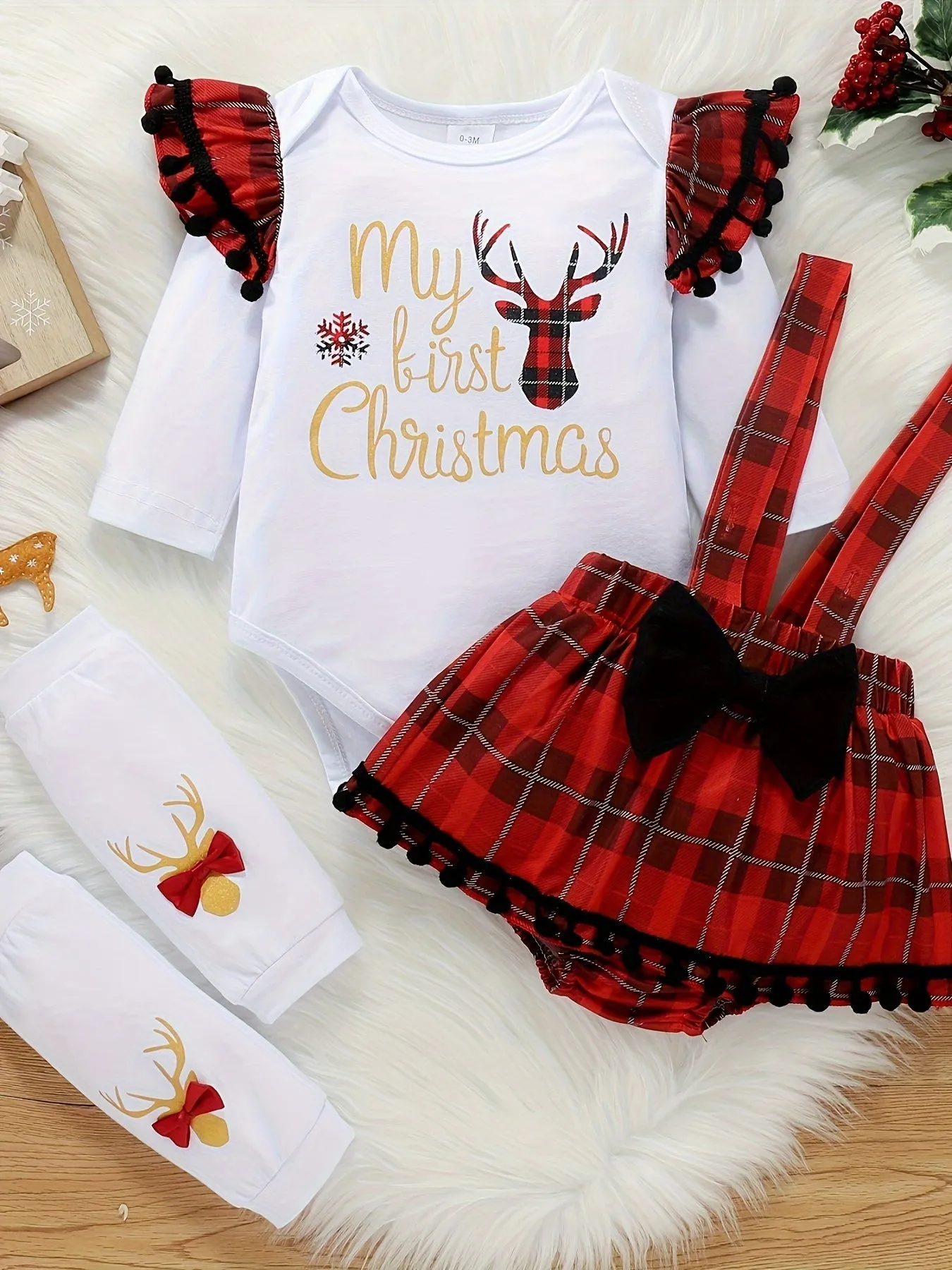 My First Christmas Baby Girl Outfits, Newborn Cartoon Deer & Letter Print Long Sleeve Ruffle Romper   Plaid Suspender Skirt   Leg Warmer 3pcs For 0-18 Months Babies, Outdoor Cloth