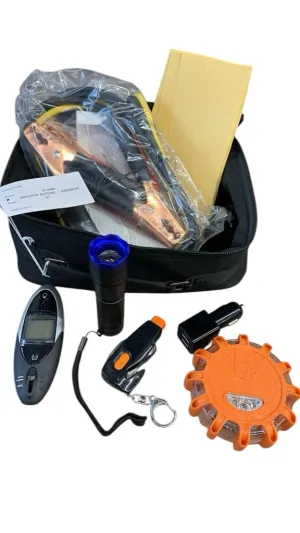 New 8 pc executive auto kit with booster cables, carry case, detailing cloth, flashlight, electronic tire gauge, multi tool, seat cutter and glass breaker, USB charger, multi mode warning light