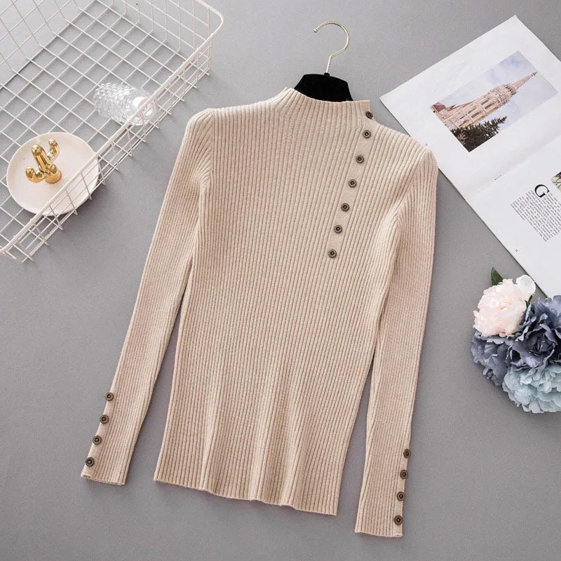 New Fashion Button Turtleneck Sweater Women Spring Autumn Solid Knitted Pullover Women Slim Soft Jumper Sweater Female Knit Tops