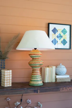 Paper Mache Lamp Base with Green and Rust Stripes with Fabric Shade