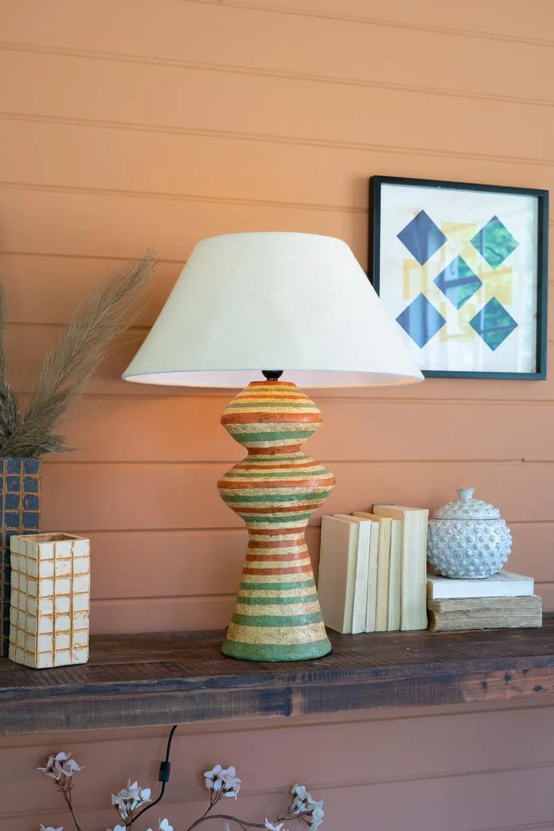 Paper Mache Lamp Base with Green and Rust Stripes with Fabric Shade