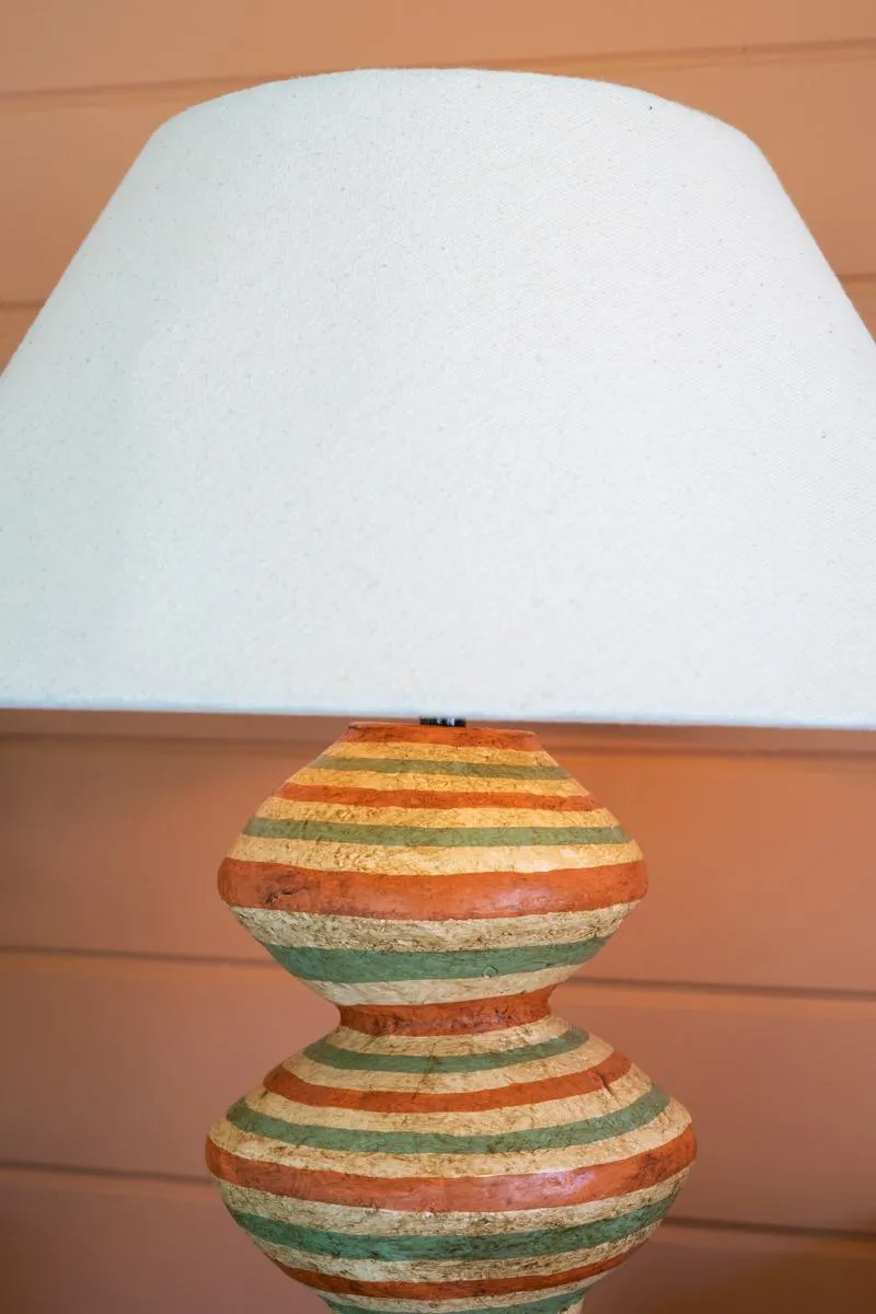 Paper Mache Lamp Base with Green and Rust Stripes with Fabric Shade