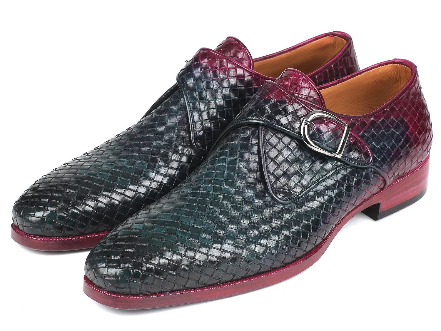 Paul Parkman Purple & Green Woven Leather Single Monkstraps