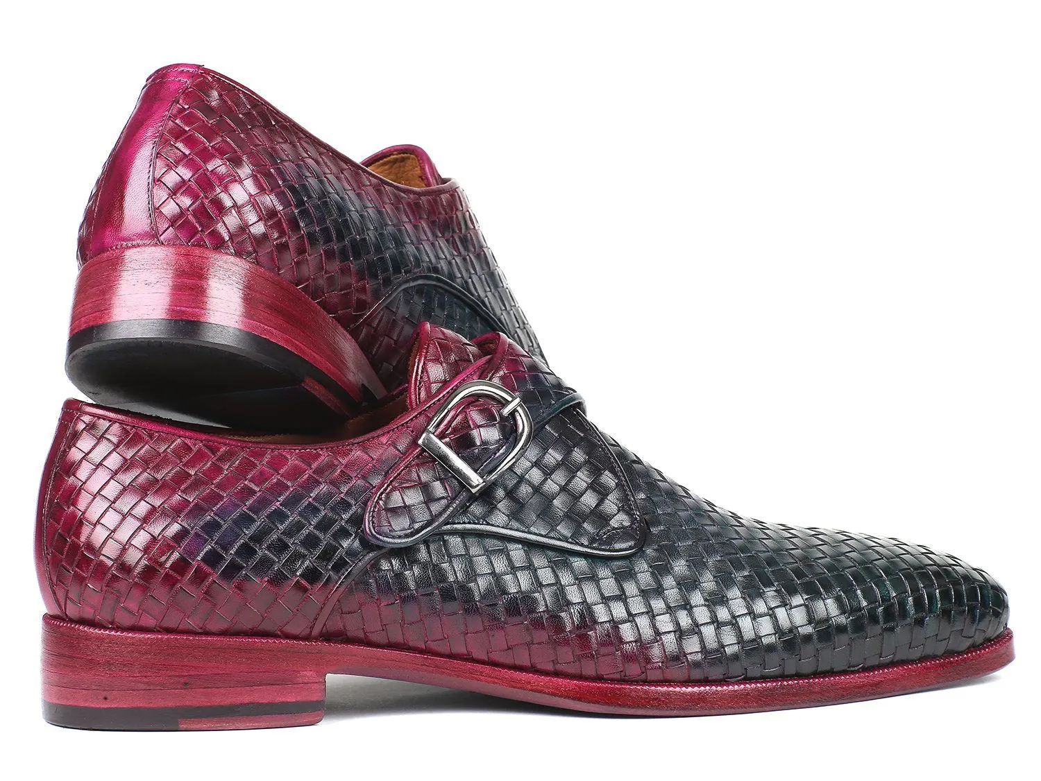 Paul Parkman Purple & Green Woven Leather Single Monkstraps