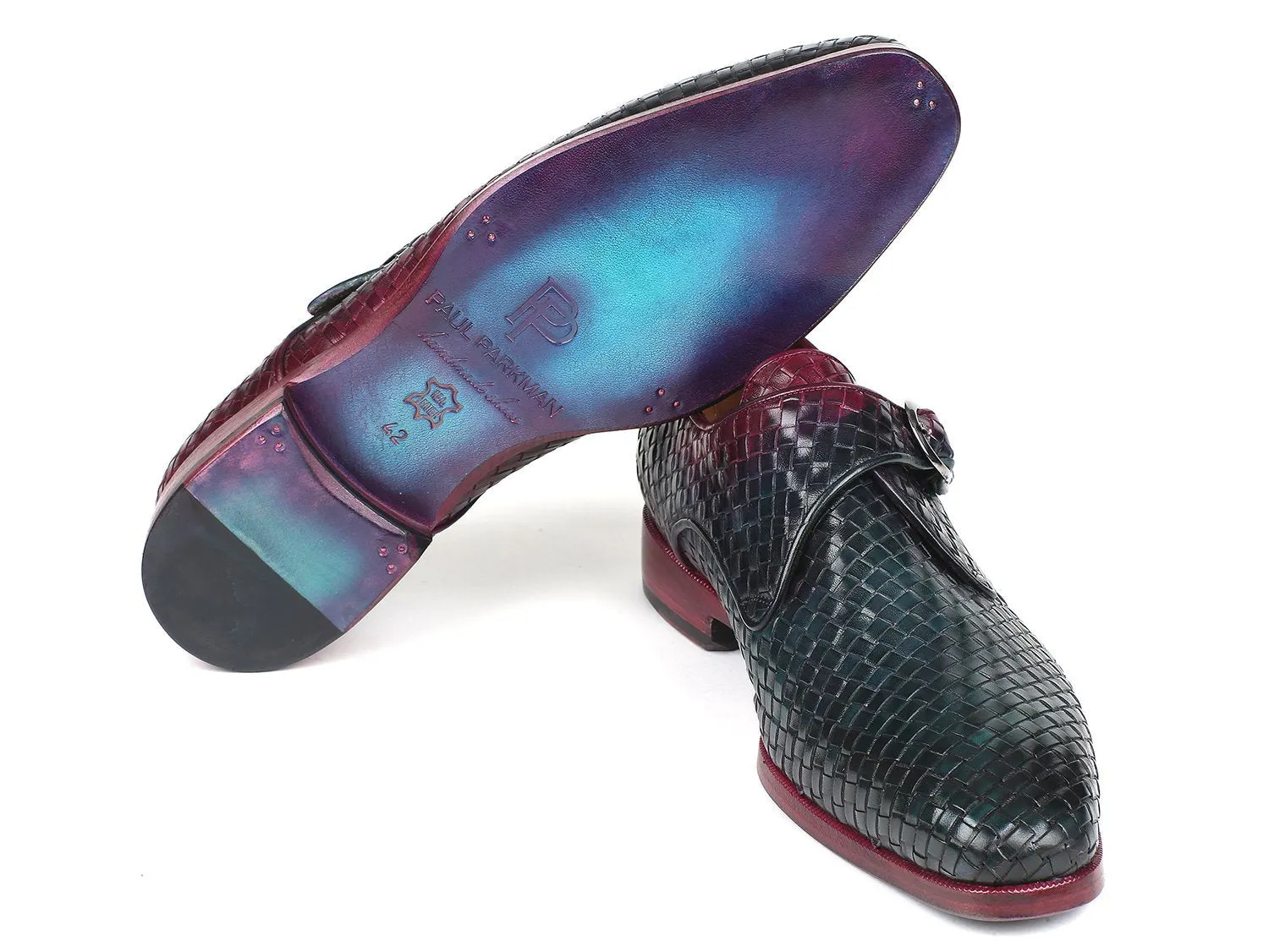 Paul Parkman Purple & Green Woven Leather Single Monkstraps