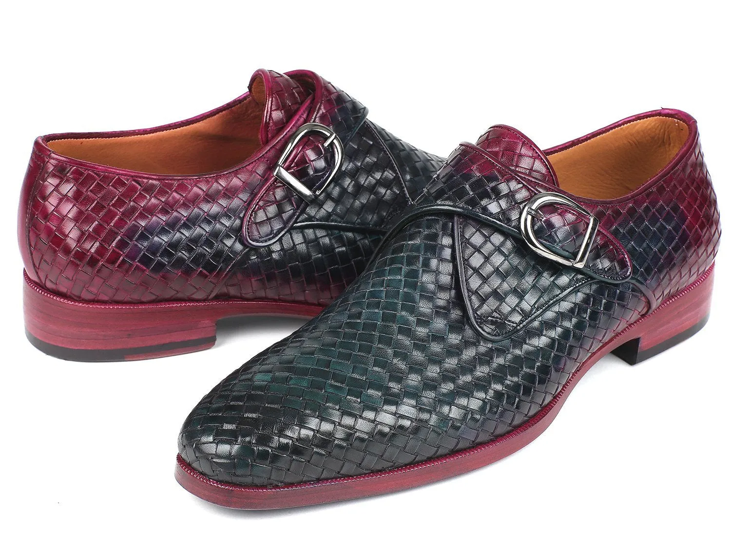 Paul Parkman Purple & Green Woven Leather Single Monkstraps
