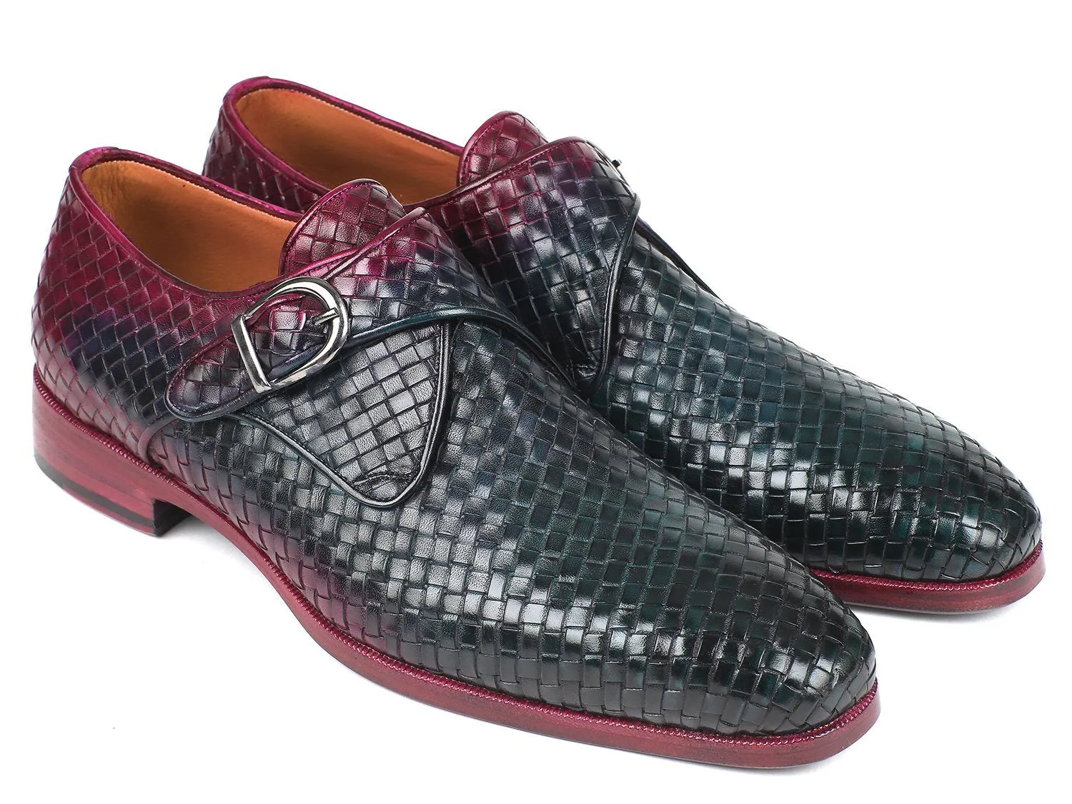 Paul Parkman Purple & Green Woven Leather Single Monkstraps