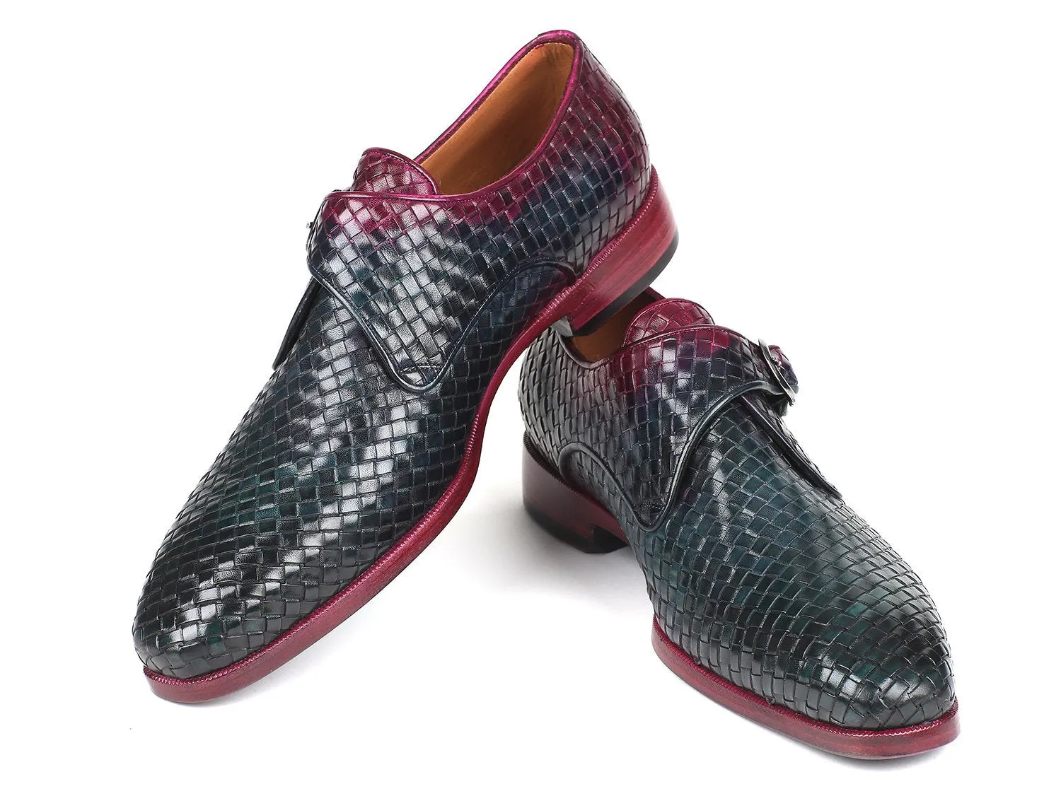 Paul Parkman Purple & Green Woven Leather Single Monkstraps