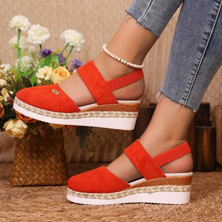 Wedge Lightweight Hemp Rope Braided Closed Toe Elastic Band Women's Shoes