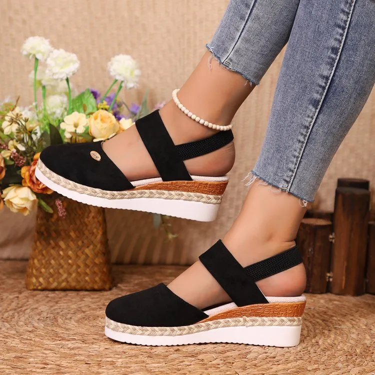 Wedge Lightweight Hemp Rope Braided Closed Toe Elastic Band Women's Shoes