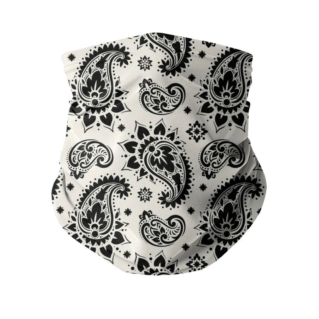 White with Black Bandana Paisley Pattern Neck Gaiter/Face Mask